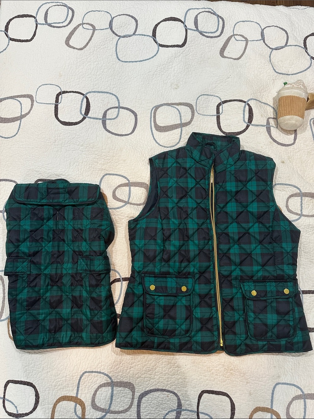 Green & Navy Quilted Dog Vest with Matching Ladies’ Vest—New